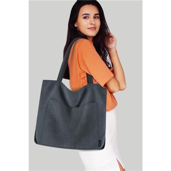 Corduroy Tote Bag for Women Large Shoulder Bag with Zipper and Pockets - Picture 2 of 6